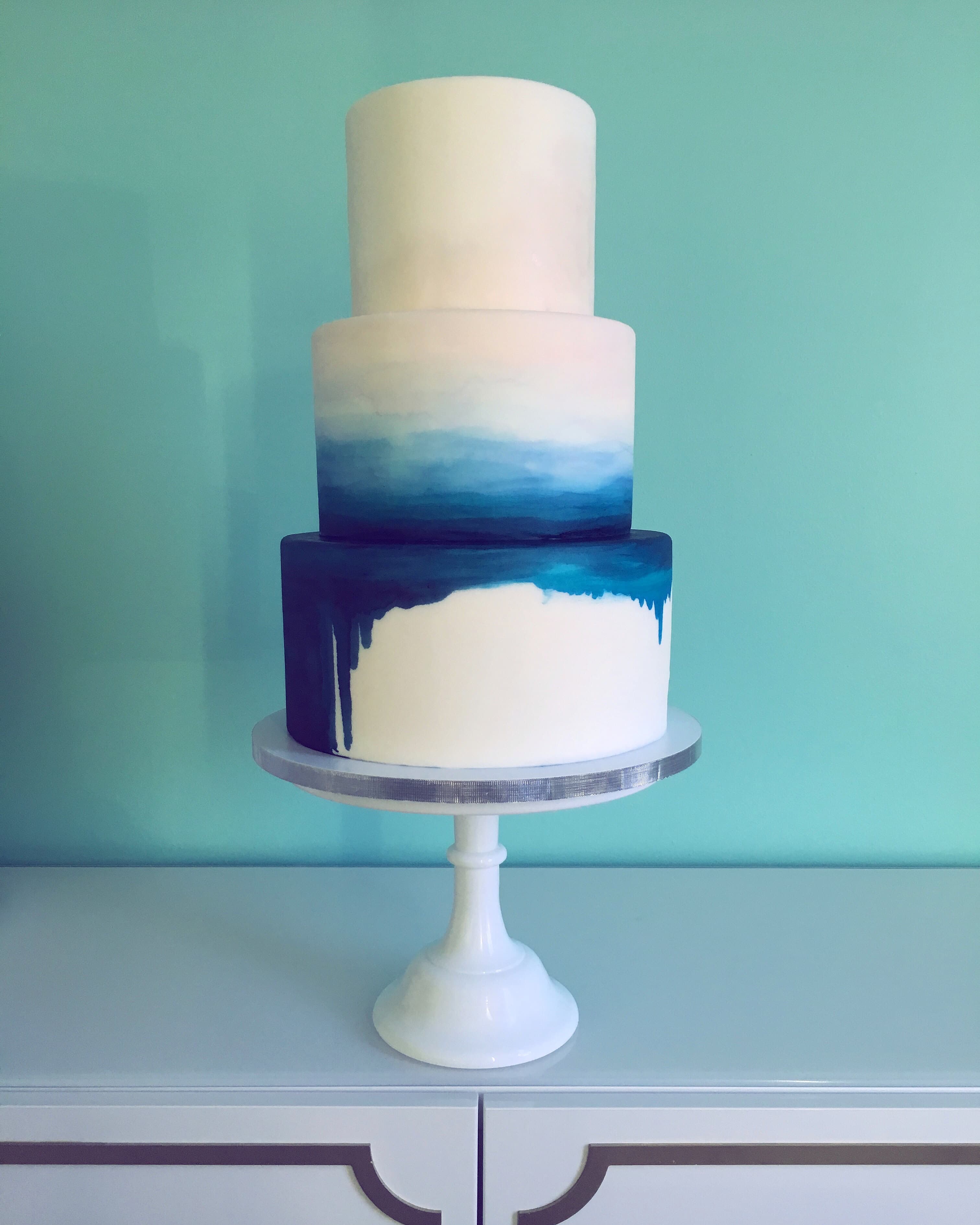 three tier watercolor blue cake